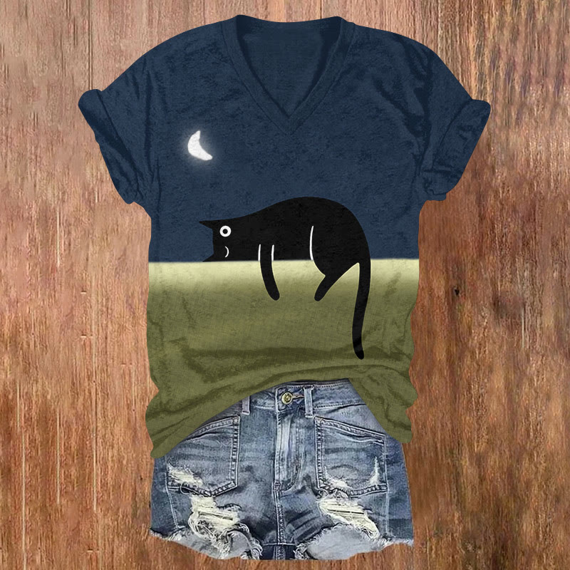 Fun Midnight Black Cat Color Contrast Art T-shirt - Royal Blue - US32-34(5XL) - image 1