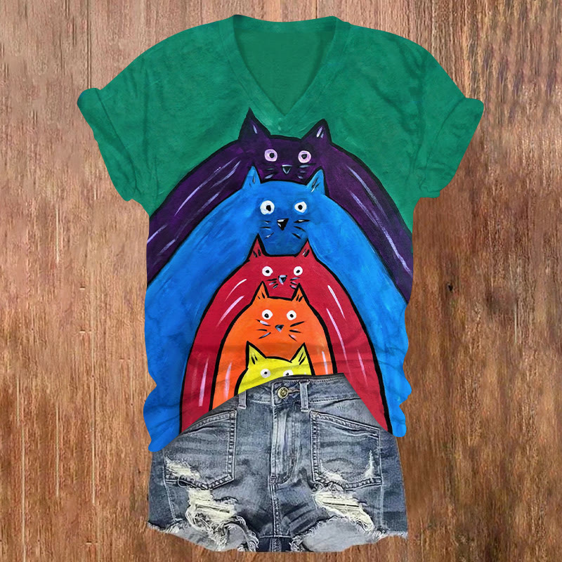 Oil Painting Rainbow Layered Cat Print Causal T-shirt - Green - US32-34(5XL) - image 1