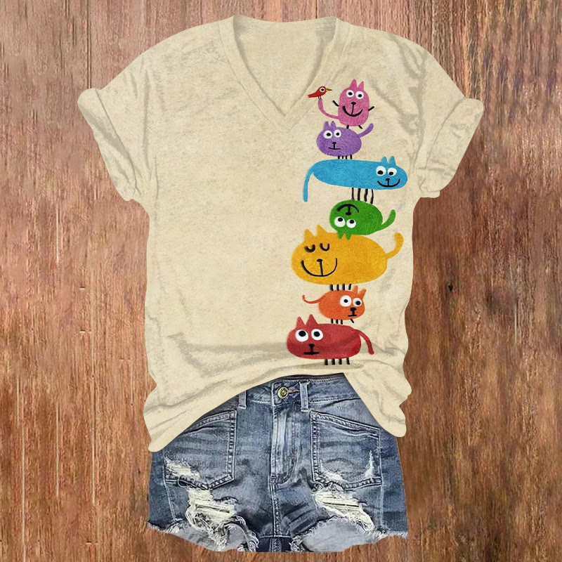 Creative Rainbow Layered Cat Print Causal T-shirt - Apricot - US32-34(5XL) - image 1