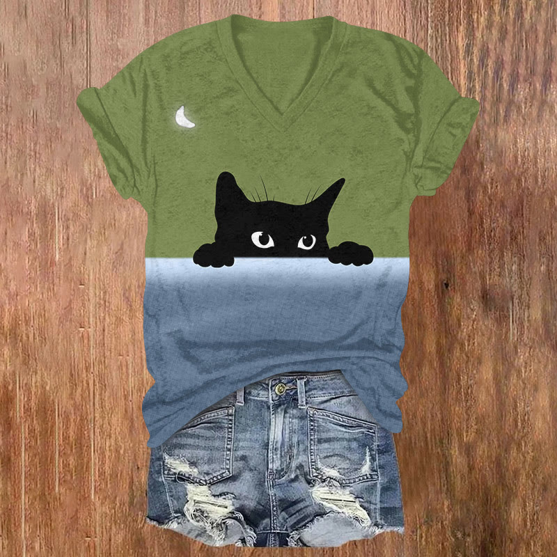  Fun Peeping Cat Color Blocking Art T-shirt - Olive Green - US32-34(5XL) - image 1