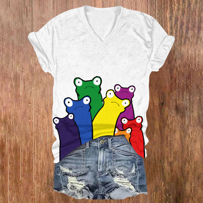 Creative Rainbow Frog Print Causal T-shirt - White - US32-34(5XL) - image 1