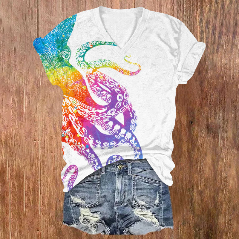 Rainbow Ombre Japanese Octopus Print Causal T-shirt - White - US32-34(5XL) - image 1