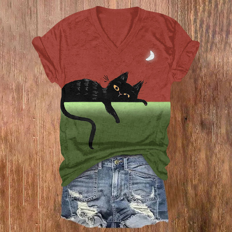 Fun Black Cat And Moon Color Contrast Art T-shirt - Red - US32-34(5XL) - image 1