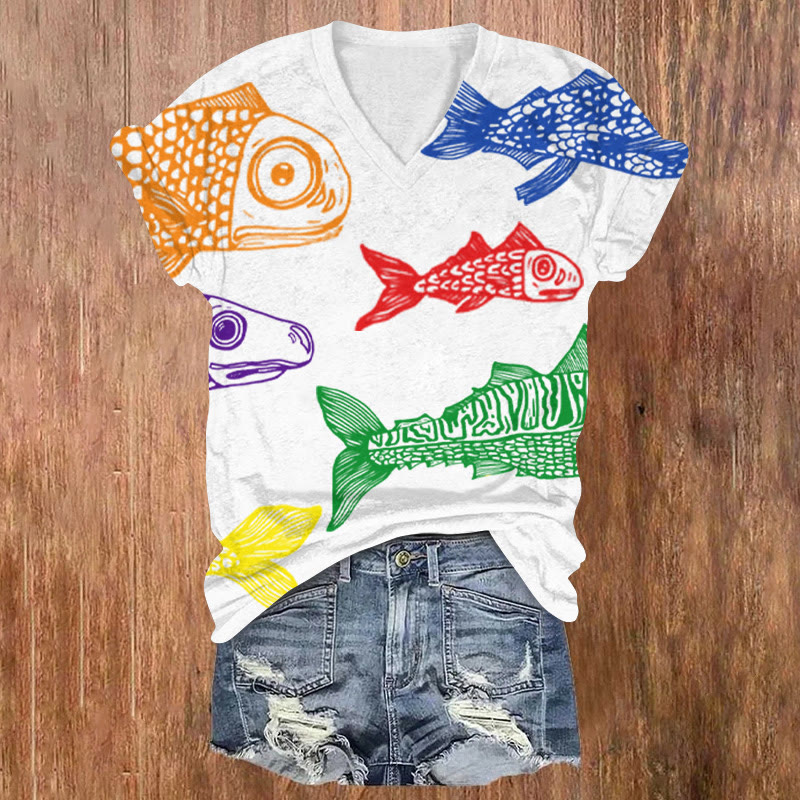 Rainbow Japanese Fish Print Causal T-shirt - White - US32-34(5XL) - image 1