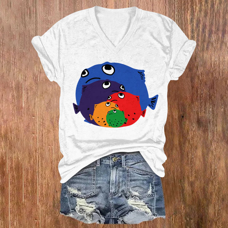 Rainbow Japanese Pufferfish Print Causal T-shirt - White - US32-34(5XL) - image 1