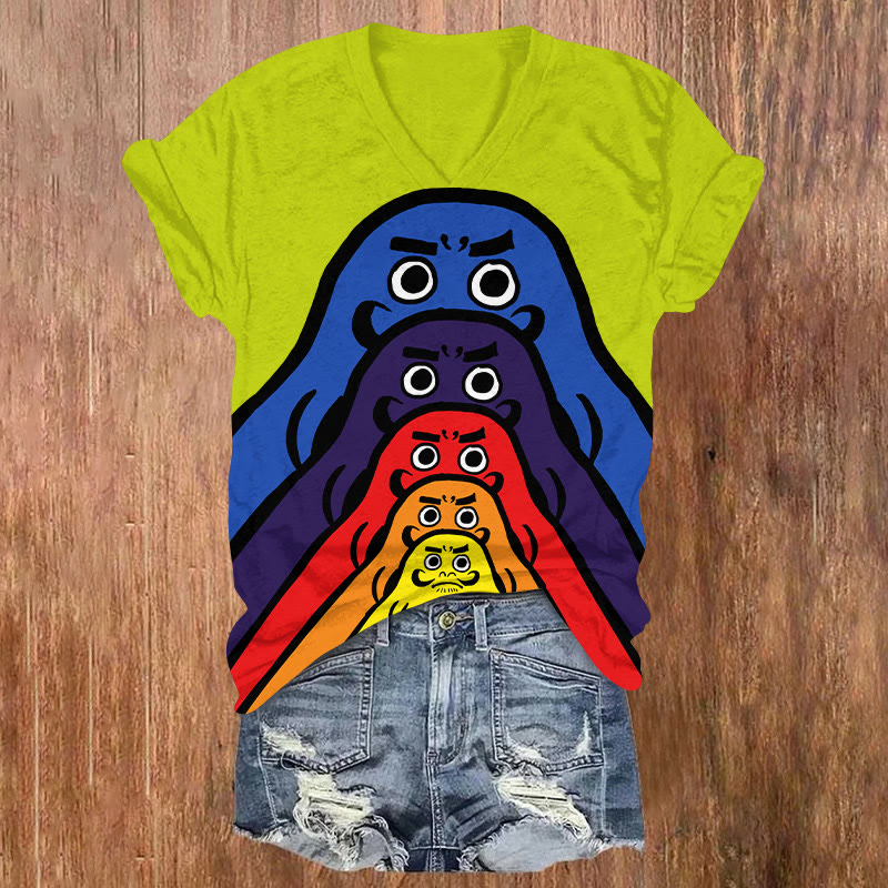 Rainbow Japanese Layered Daruma print causal T-Shirt - Green - US32-34(5XL) - image 1