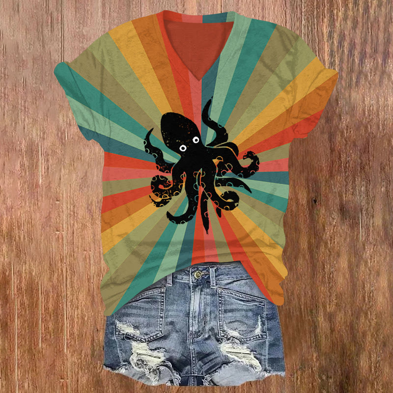 Japanese Octopus In The Rainbow Print Causal T-shirt - Black - US32-34(5XL) - image 1