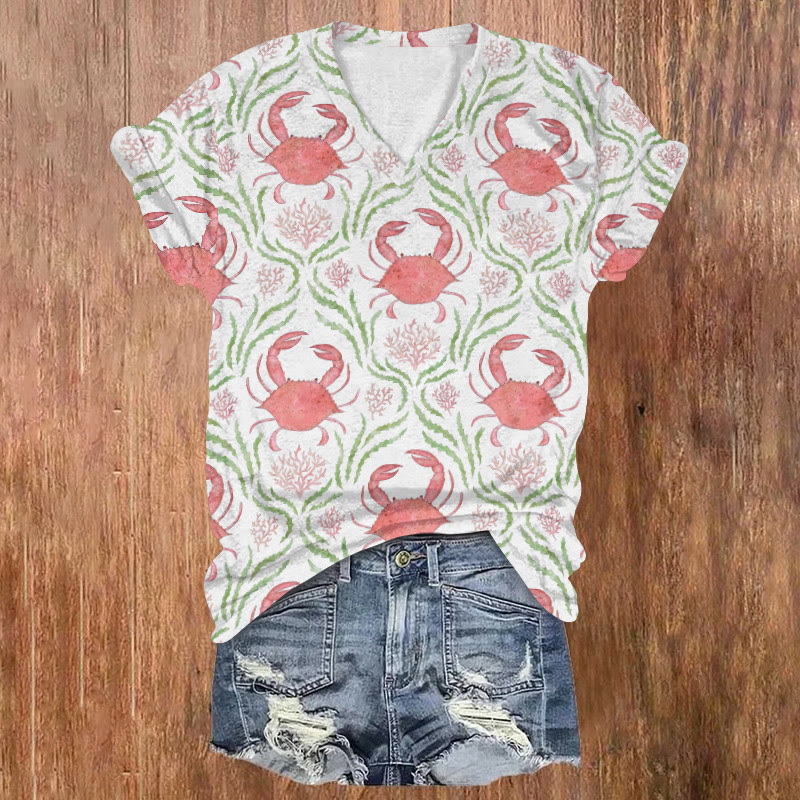 Cute Repeat Crab Art Print T-shirt - Red - US32-34(5XL) - image 1