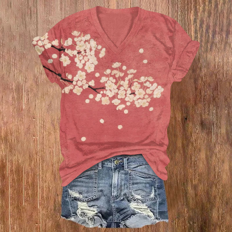 Plum Blossom Japanese Retro Art T-shirt - Pink - US32-34(5XL) - image 1