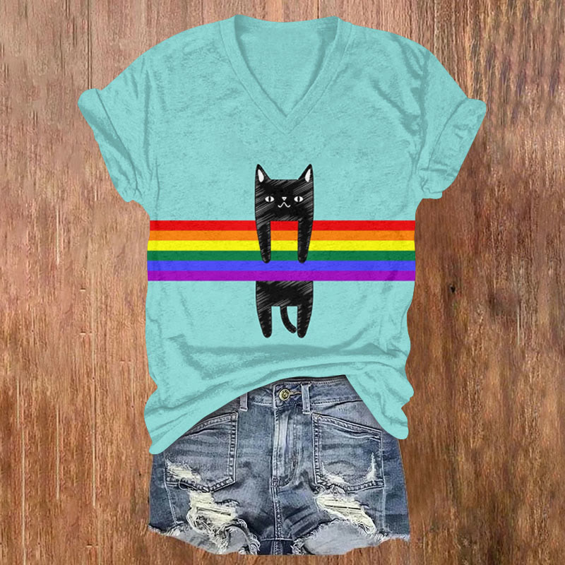 Fun Rainbow Cat Art Print Casual T-Shirt - Blue - US32-34(5XL) - image 1