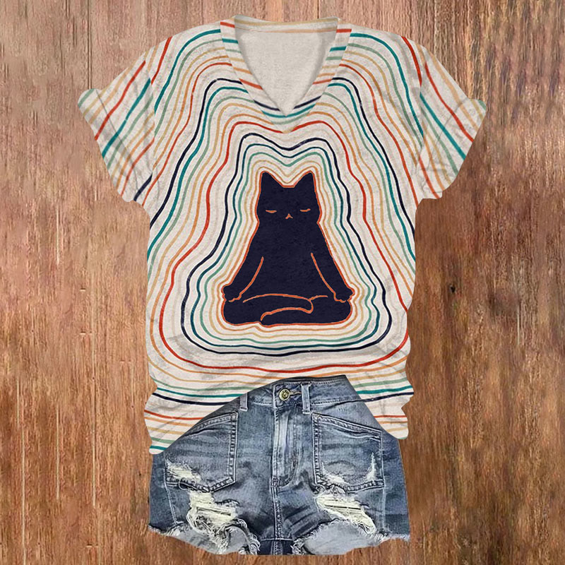 Rainbow Striped Meditative Cat Art Print Casual T-shirt - Multicolor - US32-34(5XL) - image 1