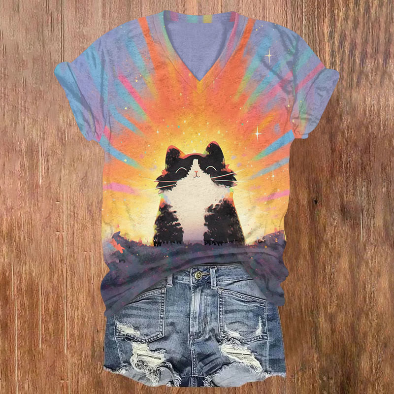 Sunset Radiant Cartoon Cat Art Print Casual T-shirt - Multicolor - US32-34(5XL) - image 1