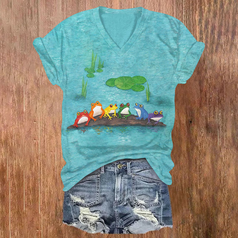 Colorful Frogs In The Pond Art Print Casual T-shirt - Lake Blue - US32-34(5XL) - image 1