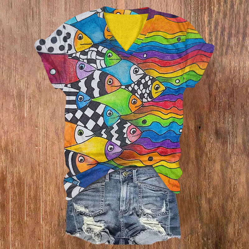 Creative Rainbow Cartoon Fish Art Print Casual T-shirt - Multicolor - US32-34(5XL) - image 1