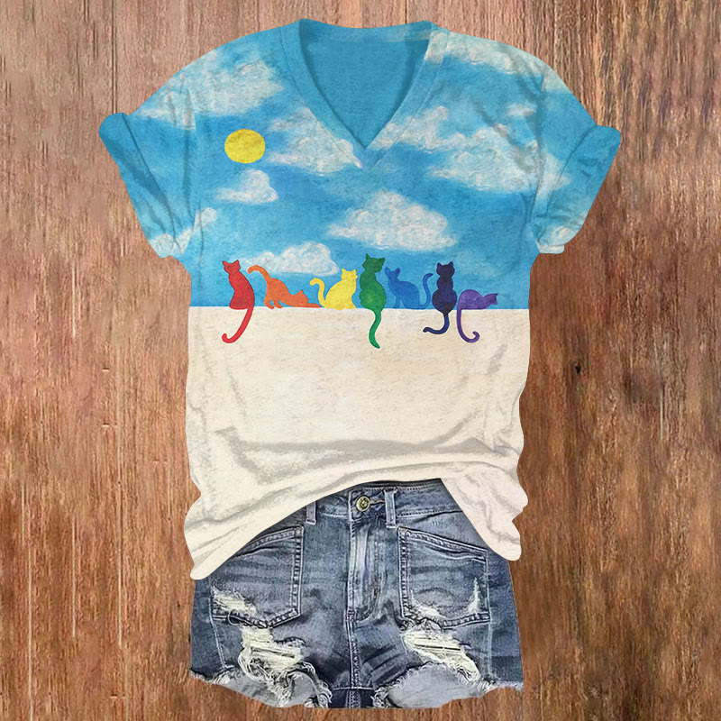 Rainbow Cats Under Blue Sky Art Print Casual T-shirt - Multicolor - US32-34(5XL) - image 1