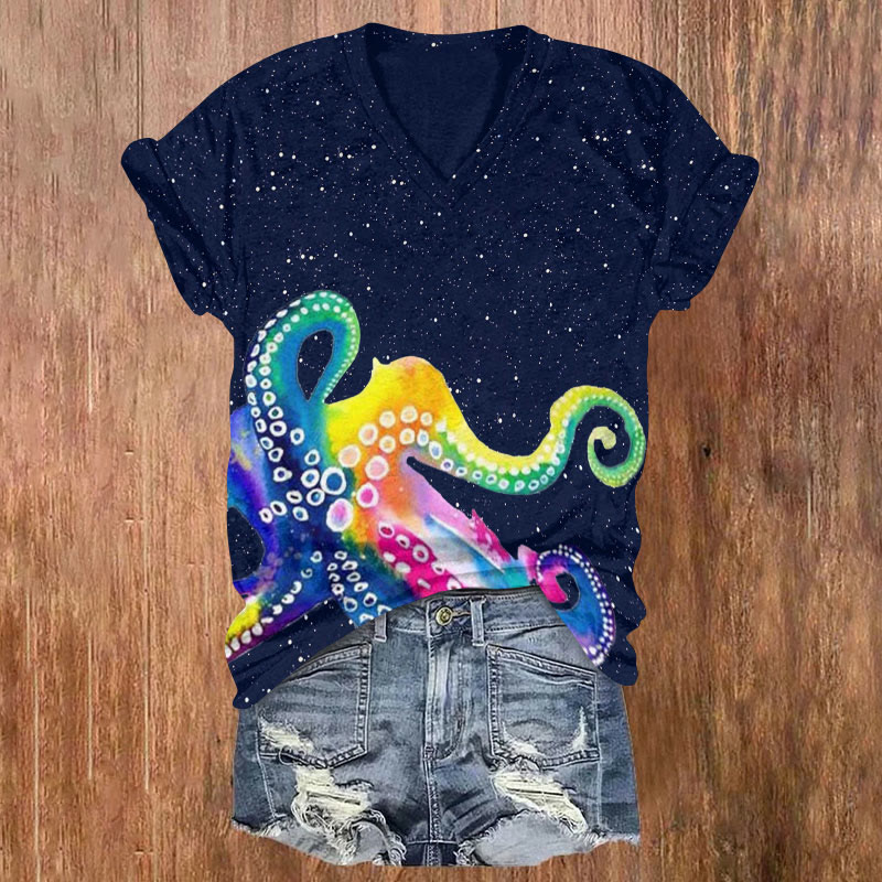Rainbow Octopus In Starry Night Art Print Casual T-shirt - Navy Blue - US32-34(5XL) - image 1