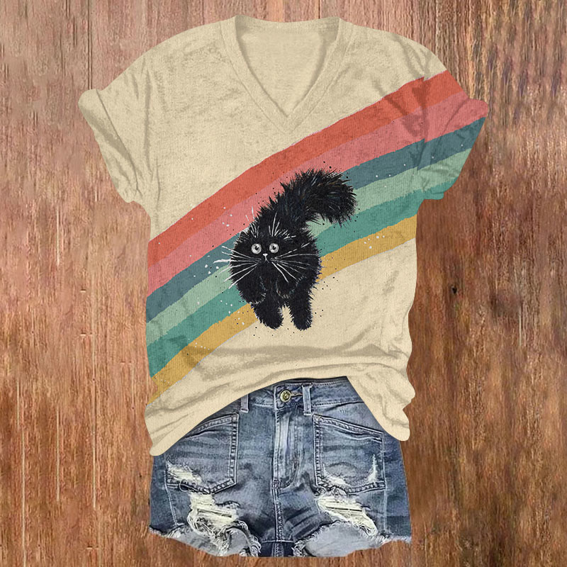 Cute Rainbow Furry Black Cat Art Print Casual T-shirt - Multicolor - US32-34(5XL) - image 1