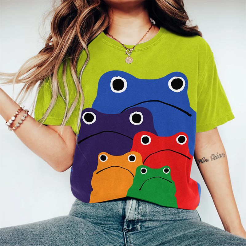 Cascading Rainbow Japanese Frog Print Casaul T-shirt - Green - US44-46(8XL) - image 1