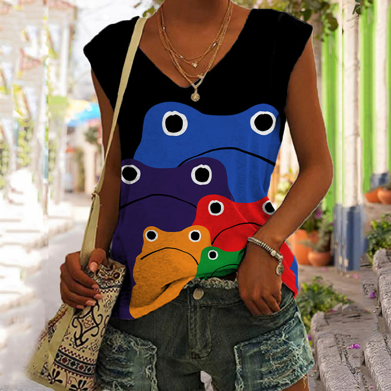 Cascading Rainbow Japanese Frog Print V-neck Tank Top - Black - 5XL - image 3