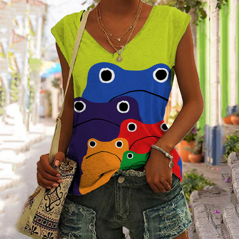 Cascading Rainbow Japanese Frog Print V-neck Tank Top - Green - 5XL - image 1