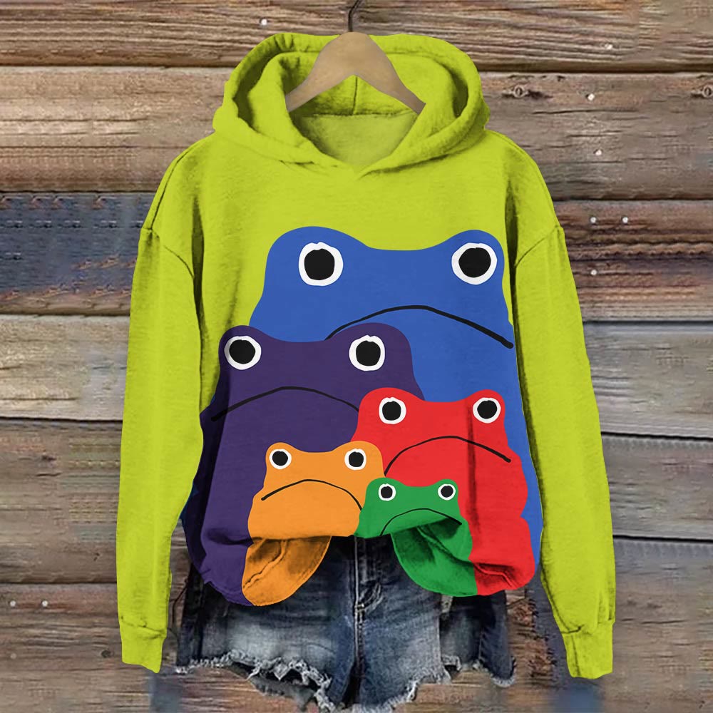 Cascading Rainbow Japanese Frog Print Long Sleeve Hoodie - Green - US44-46(8XL) - image 1