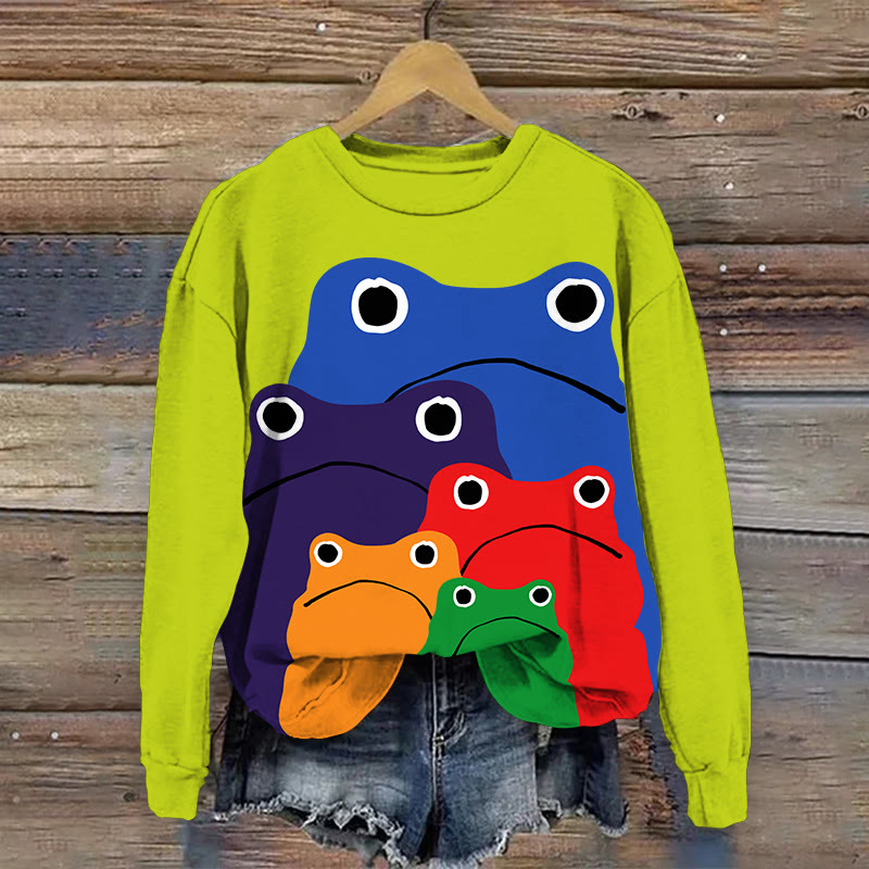 Cascading Rainbow Japanese Frog Print Long Sleeve Sweatshirt - Green - 5XL - image 1