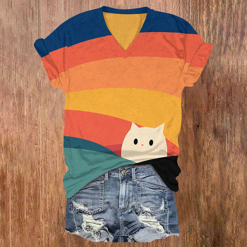 Rainbow Cute Kitten Art Print Casual T-shirt - Multicolor - US32-34(5XL) - image 1