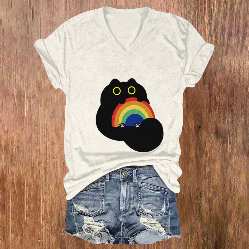 Cute Black Cat Holding Rainbow Art Print Casual T-shirt - White - US32-34(5XL) - image 1