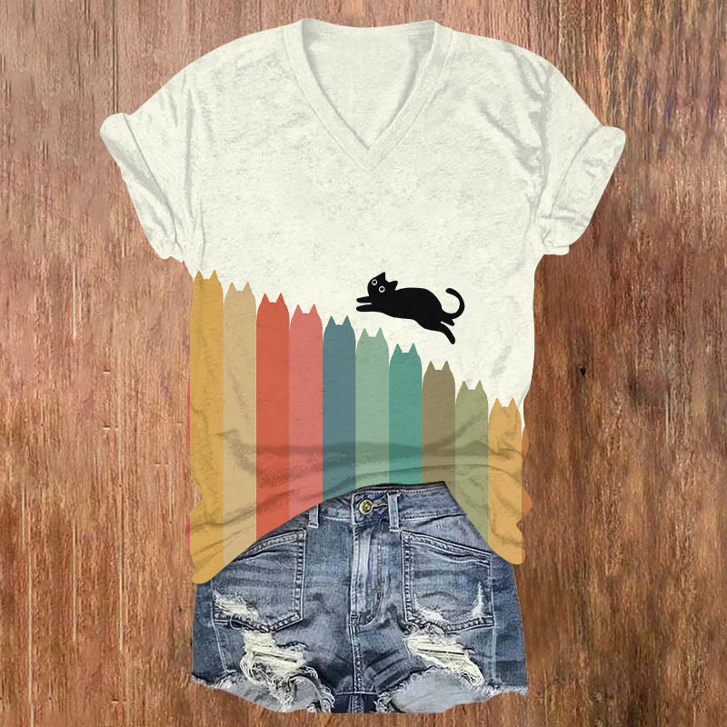 Funny Abstract Rainbow Cat & Jumping Black Cat Art Print Casual T-shirt - White - US32-34(5XL) - image 1