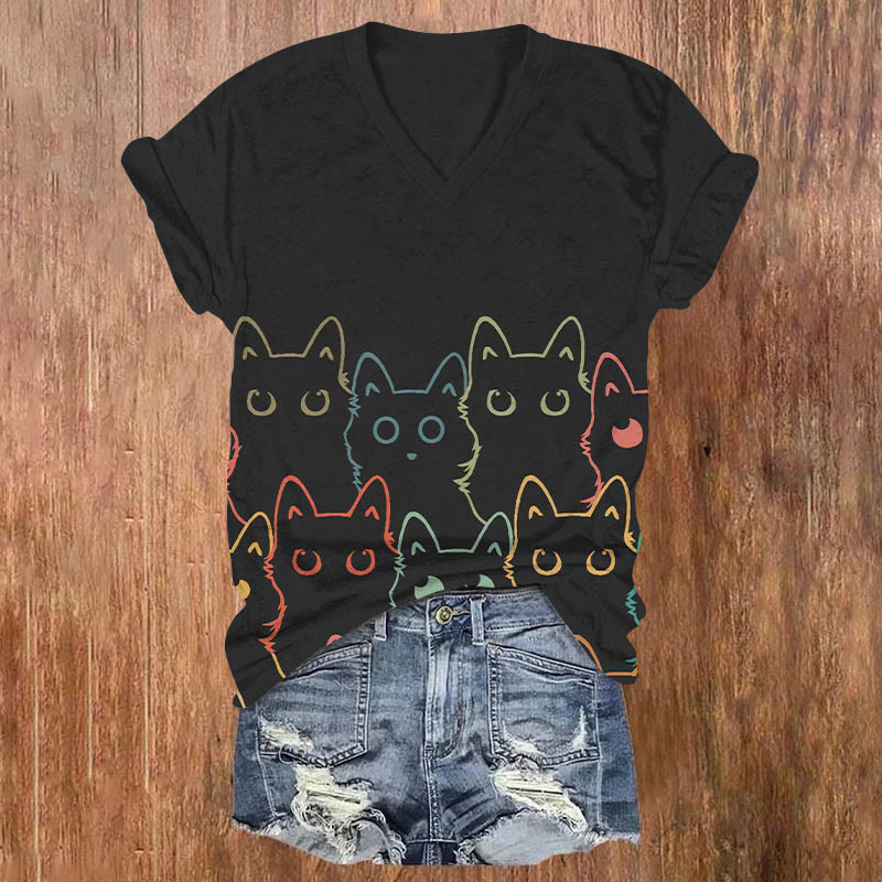 Funny Watercolor Cartoon Cat Art Print Casual T-shirt - Black - US32-34(5XL) - image 1