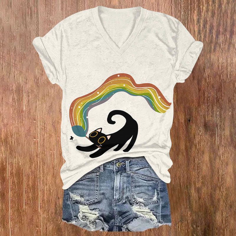 Cat & Rainbow Butterfly Catching Net Art Print Casual T-shirt - White - US32-34(5XL) - image 1