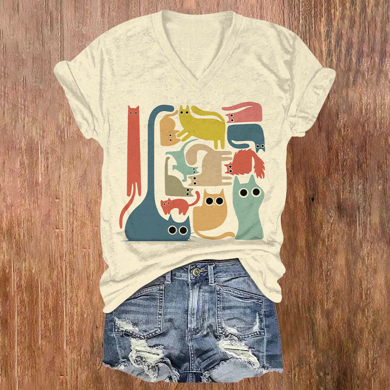 Various Shape Of Colorful Cats Art Print Casual T-shirt - Beige - US32-34(5XL) - image 1