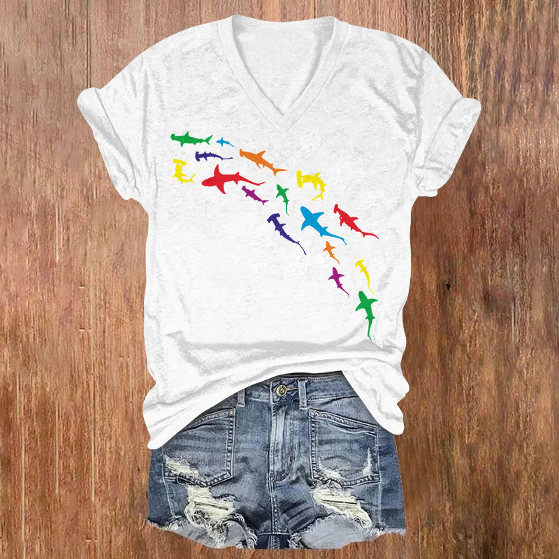 Rainbow Sharks Print V-neck Short Sleeve T-shirt - White - US32-34(5XL) - image 1
