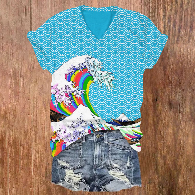 Japanese Style Rainbow Waves Print V-neck Short Sleeve T-shirt - Sky Blue - US32-34(5XL) - image 1