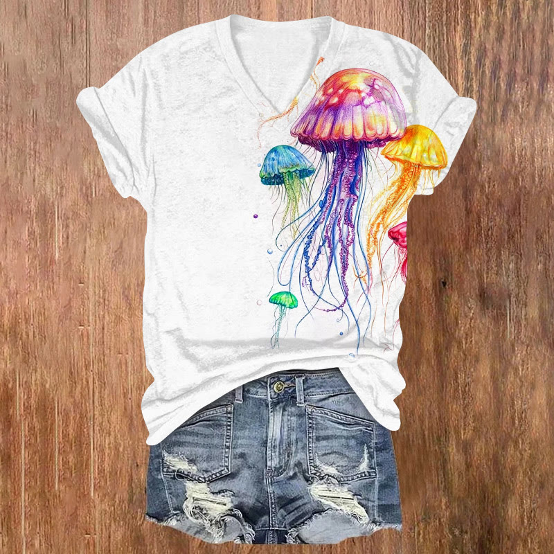 Rainbow Jellyfish Print V-neck Short Sleeve T-shirt - White - US32-34(5XL) - image 1