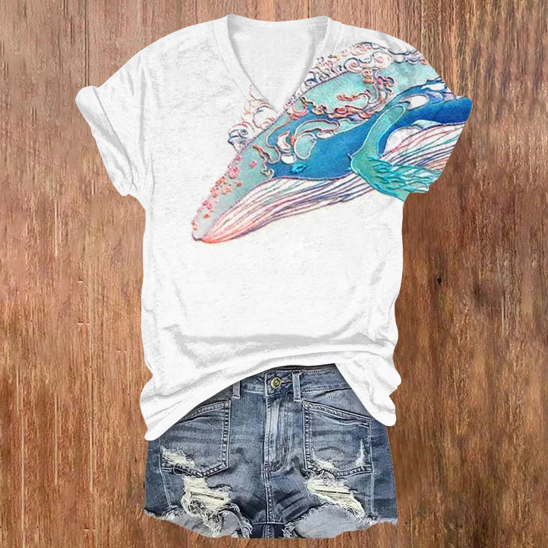 Rainbow Whale Print V-neck Short Sleeve T-shirt - White - US32-34(5XL) - image 1