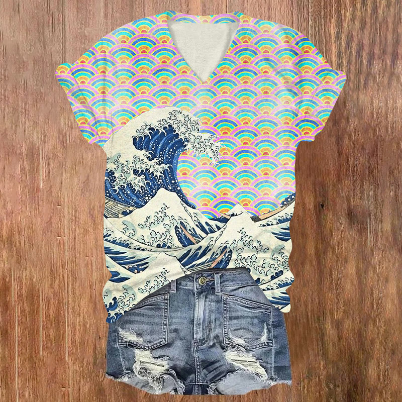 Rainbow Wave Splicing Japanese Style Waves Print V-neck Short Sleeve T-shirt - Blue - US32-34(5XL) - image 1
