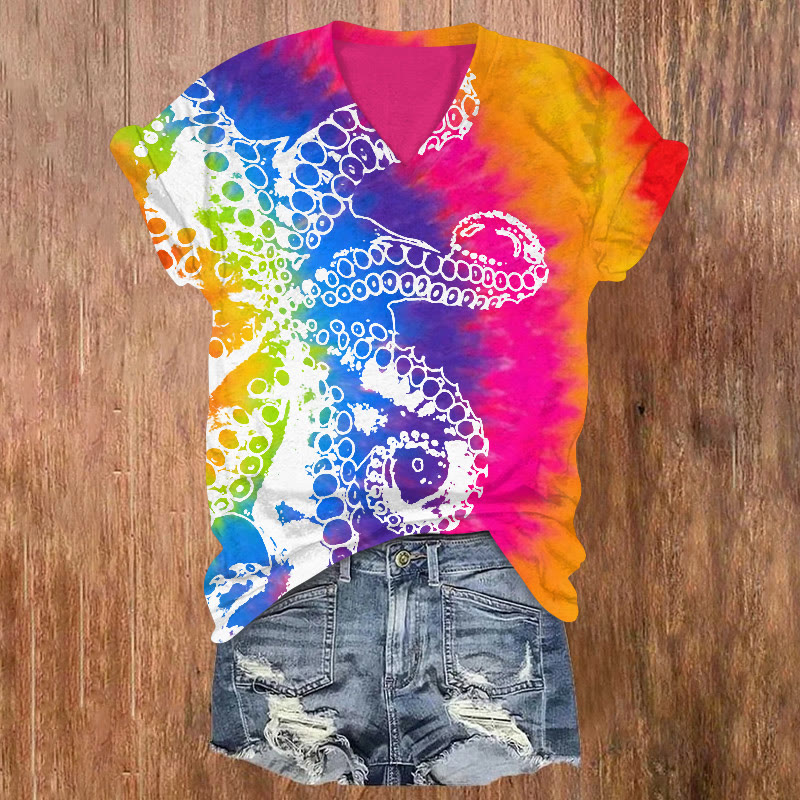 Rainbow Tie-dye Octopus Print V-neck Short Sleeve T-shirt - White - US32-34(5XL) - image 1
