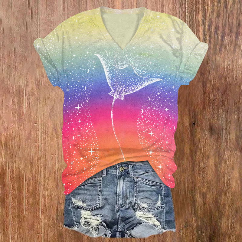 Ray Swimming In Rainbow Starry Sky Print V-neck Short Sleeve T-shirt - White - US32-34(5XL) - image 1