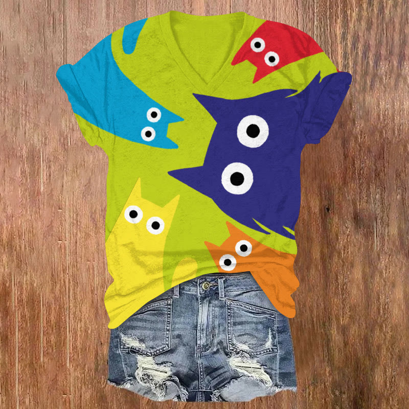 Creative Rainbow Cat Print V-neck Short Sleeve T-shirt - Green - US32-34(5XL) - image 1