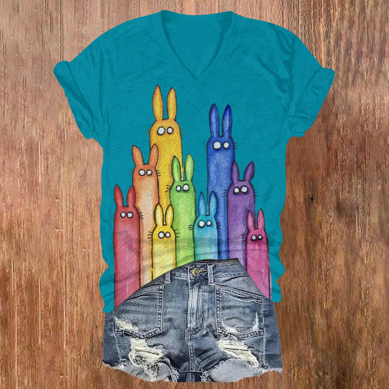 Retro Rainbow Bunny Print V-neck Short Sleeve T-shirt - Lake Blue - US32-34(5XL) - image 1