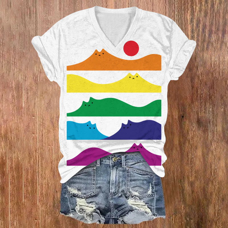 Japanese Style Rainbow Cat Mountain Print V-neck Short Sleeve T-shirt - White - US32-34(5XL) - image 1