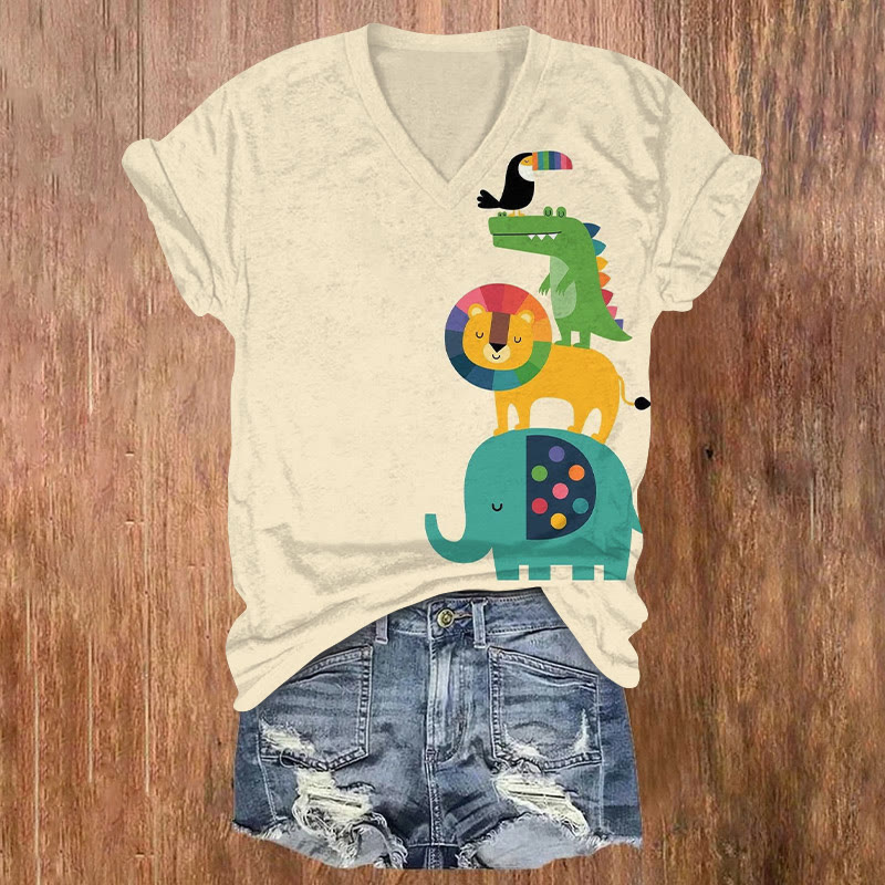 Cute Rainbow Animals Print V-neck Short Sleeve T-shirt - Apricot - US32-34(5XL) - image 1