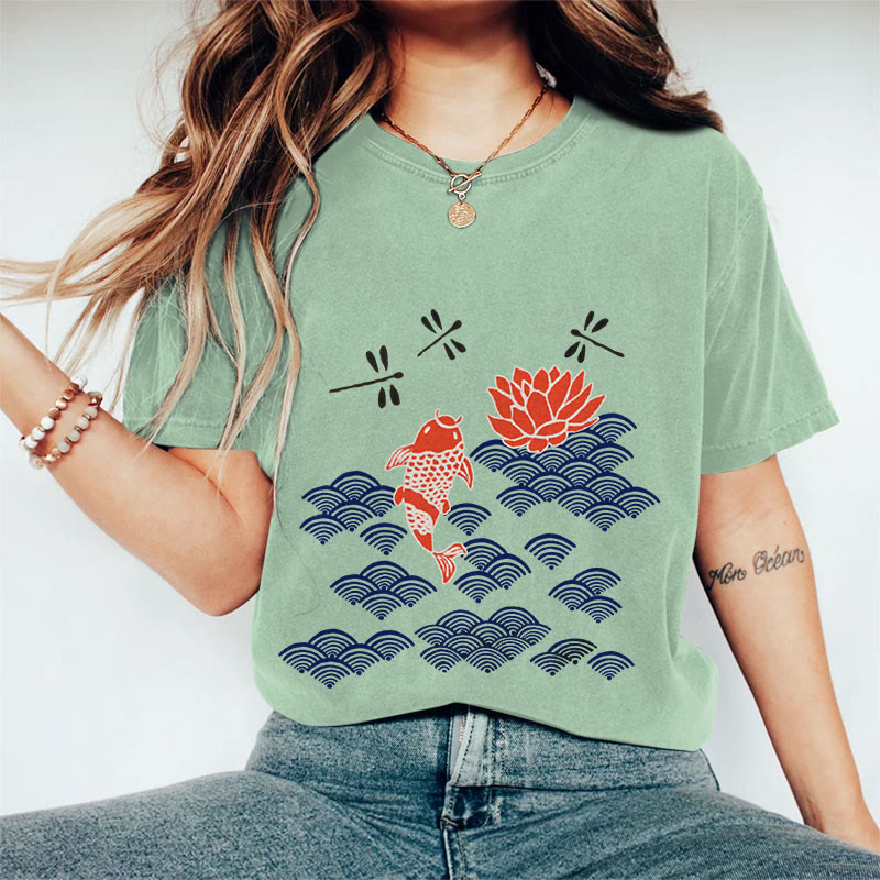 100% Cotton Women's Japanese Style Koi Fish Dragonfly Wave Art Print Casual T-shirt - Light Green - 2XL - image 2