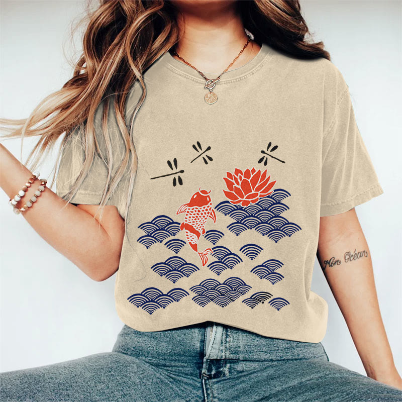 100% Cotton Women's Japanese Style Koi Fish Dragonfly Wave Art Print Casual T-shirt - Apricot - 2XL - image 1