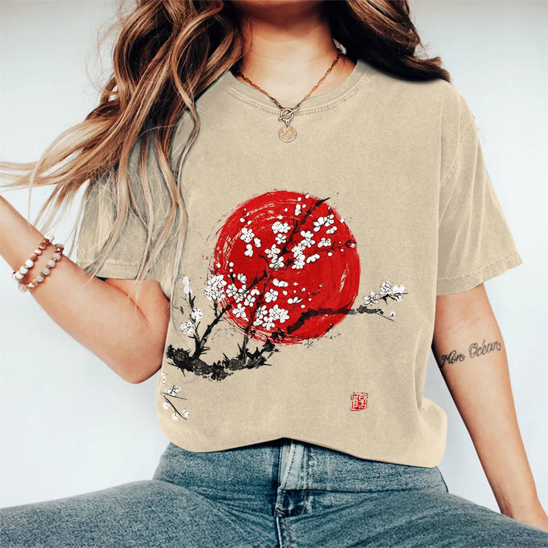 100% Cotton Women's Sunrise Japanese Art Print Casual T-shirt - Apricot - 2XL - image 1
