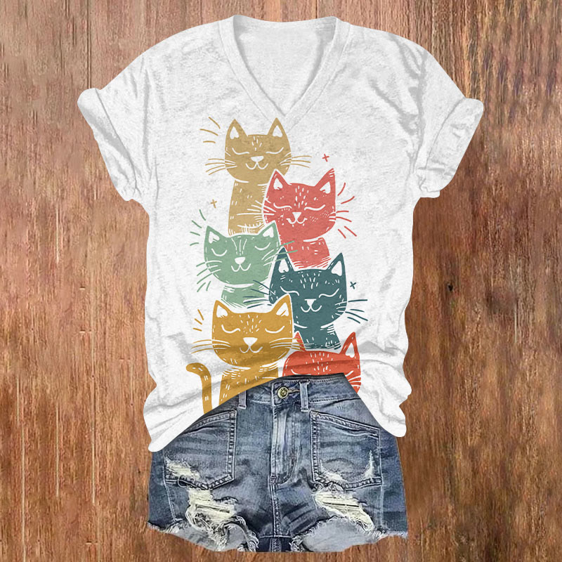 Funny Stacking Colorful Cats Art T-shirt - White - US32-34(5XL) - image 1