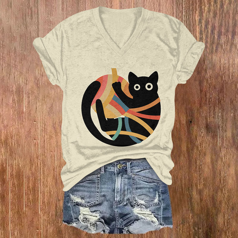 Cat Wrapped In Colored Yarn Ball Art T-shirt - Beige - US32-34(5XL) - image 1