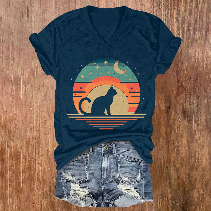 Cat & Colorful Sky Filled With Moon & Star Art T-shirt - Royal Blue - US32-34(5XL) - image 1