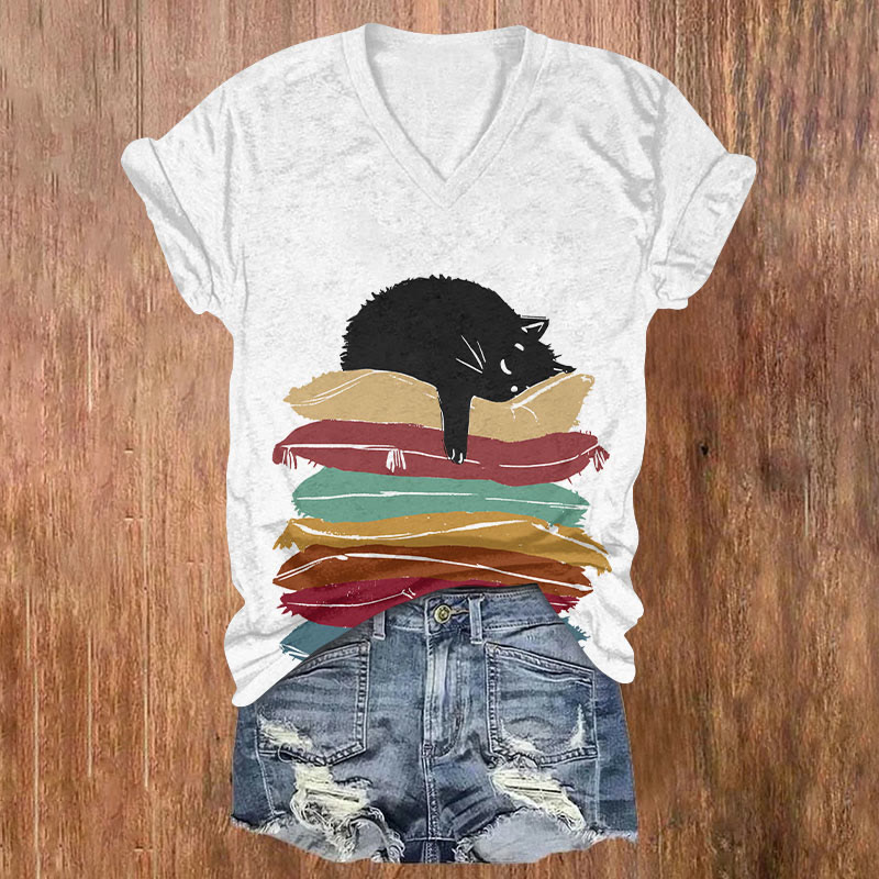Cat Sleeping At Colorful Stacking Pillows Art T-shirt - White - US32-34(5XL) - image 1